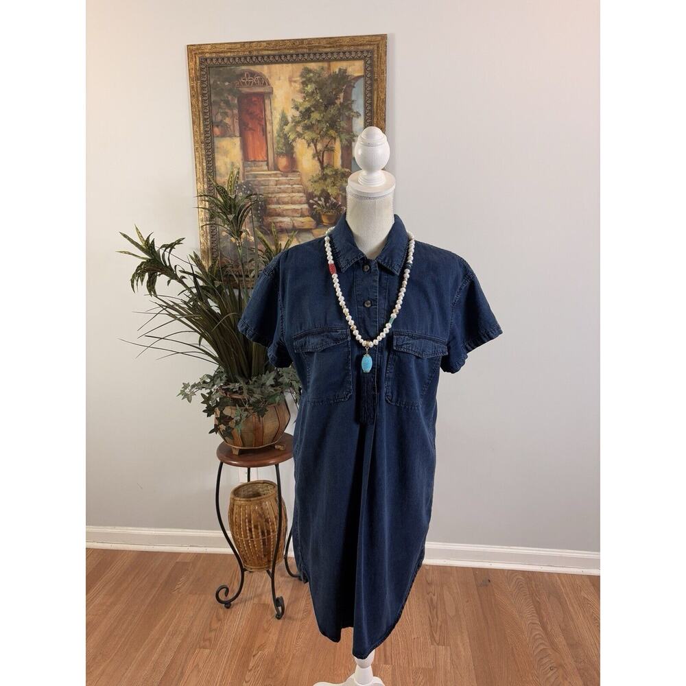 H&M Women’s Denim Short Sleeve Collar Neck Button Down Tunic‎ Size Small Hipster